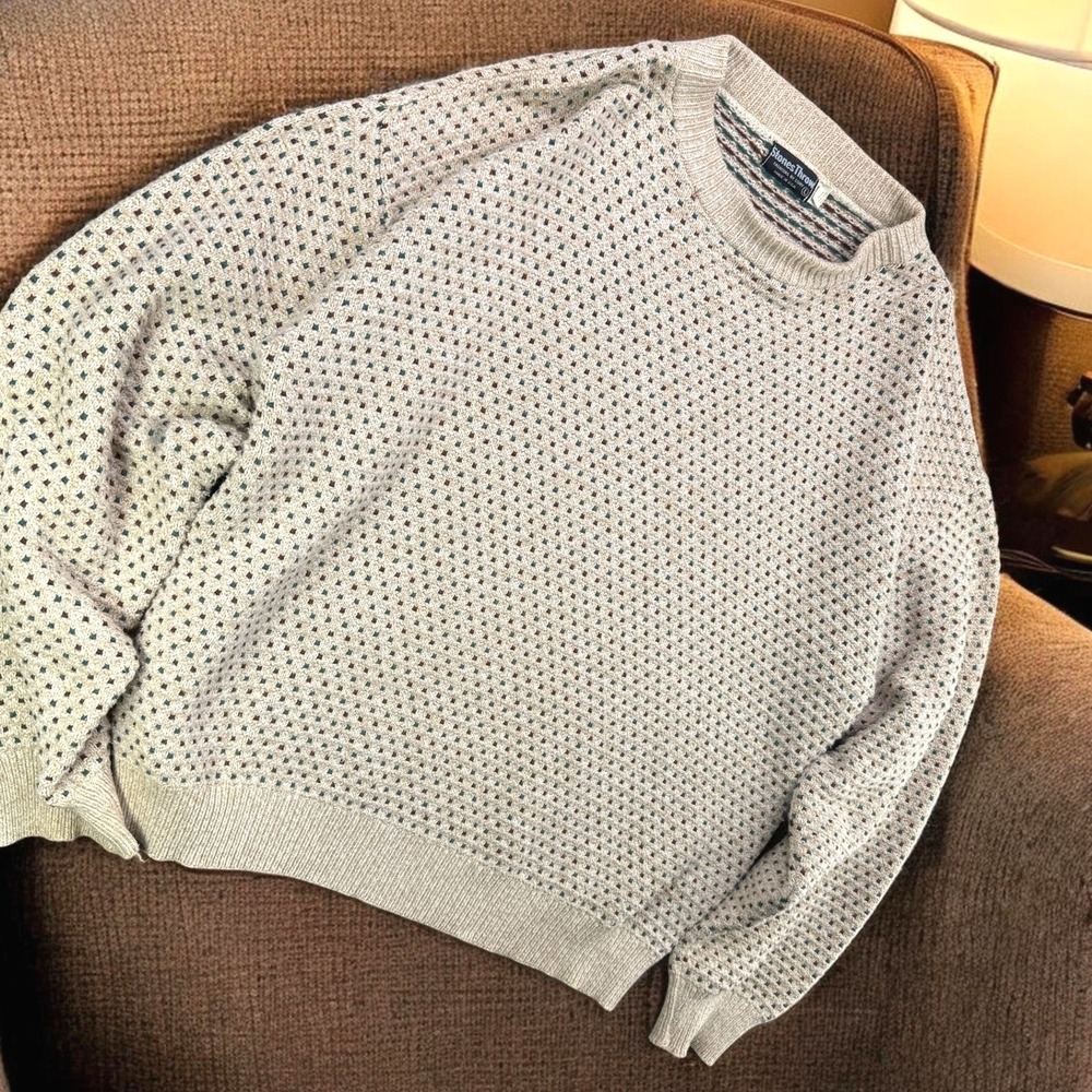 Vintage Stones Throw‎ Crewneck Sweater Mens L Beige Cotton Made In USA Patterned